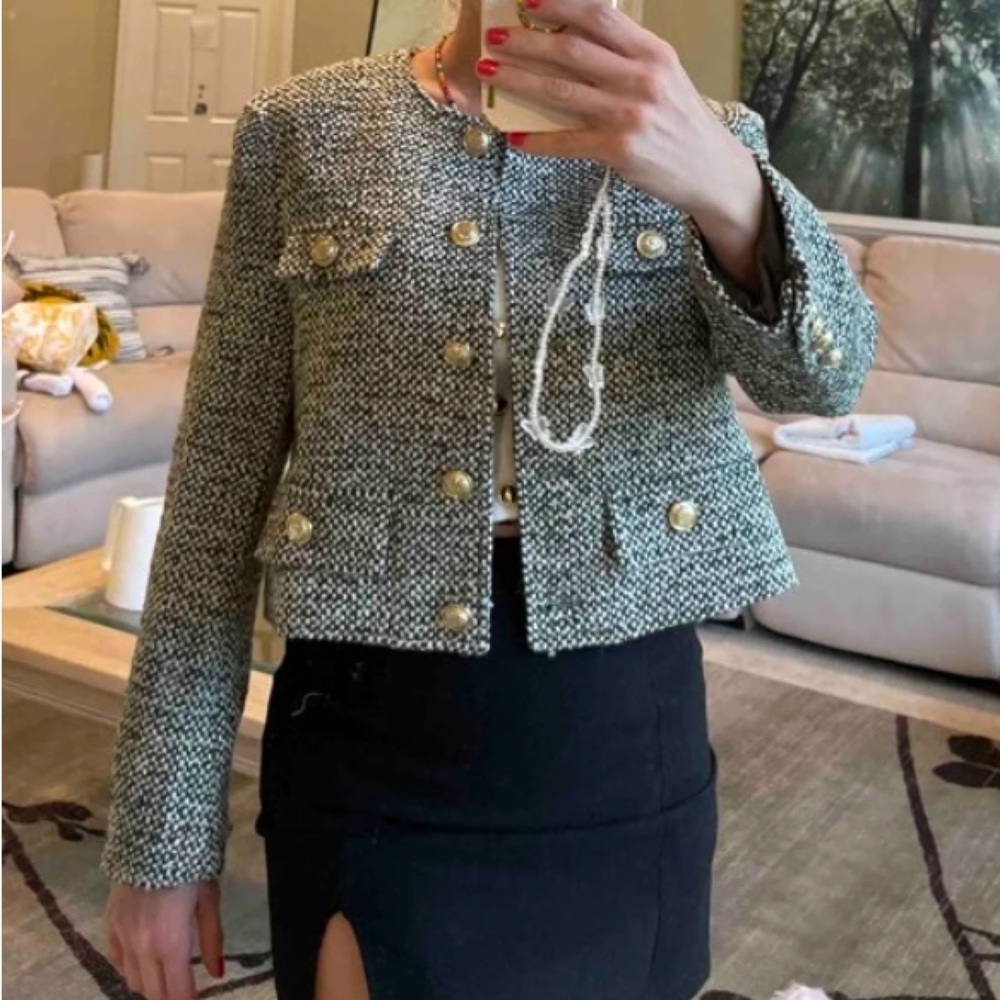 2 piece set- Green/ivory tweed textured collarless blazer cardigan & mini skirt - Picture 16 of 16